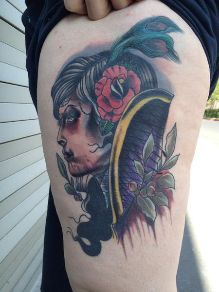 Gary Dunn - colored traditional evil lady tattoo, Gary Dunn Art Junkies Tattoo